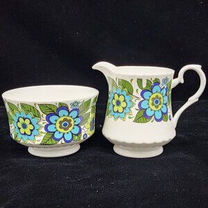 MCM 1960s 70s Blue Green Floral Cream and Sugar Bone China By Mayfair Groovy